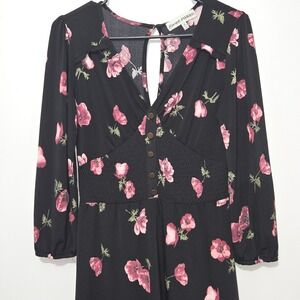 S#10‎ Almost Famous Black Floral  Long Sleeve V Neck Smocked Waist Dress Sz M